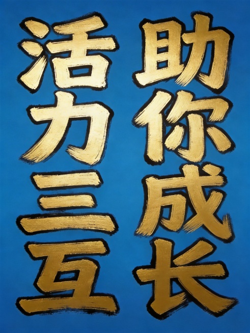 将字体颜色修改为纯色亮金色，保留设计：纯蓝色背景，竖版双列排列，八个字"活力三互助你成长"，左列活力三互，右列助你成长，舒展字间距和列间距，黑色描边，纯色无渐变，黑板粉笔手绘风格，保留粗壮笔触，无印章预览效果