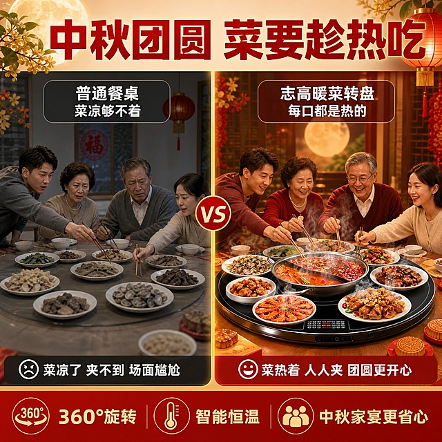 [主图-2] 中秋核心价值，突出中秋团圆宴菜不凉、转着吃更方便的核心购买价值。
[统一基调] 中秋节日风格，喜庆温馨，红金配色为主，圆月、桂花、灯笼等中秋元素点缀，高清实拍质感，粗黑大标题字体，中式家宴场景，商业摄影级光影。
[画面] 画面左右分屏对比：左侧（无暖菜板）展示普通餐桌上菜肴已经变凉，表面没有热气，一家人夹菜够不到远处的菜，表情尴尬；右侧（有志高暖菜转盘）展示转盘上每道菜都冒着热气，转盘缓缓旋转，每个人都能轻松夹到菜，一家人其乐融融。中间用竖线分隔，上方标注"普通餐桌"和"志高暖菜转盘"对比。产品在右侧画面中清晰展示，占画面约40%。背景为中秋家宴场景，有灯笼、月饼等节日元素。
[光影质感] 商业摄影质感，左侧画面偏冷色调、光线偏暗体现菜凉的尴尬；右侧画面暖黄色调、明亮温暖体现温馨团圆。对比鲜明，产品在右侧清晰突出。
[配色] 左侧冷灰调，右侧暖黄红金调，中间分隔线金色，标题红色/金色。
[文字版式] 顶部大标题："中秋团圆 菜要趁热吃"，红色粗体大字。左右两侧上方分别标注"普通餐桌 菜凉够不着"和"志高暖菜转盘 每口都是热的"，白色字配半透明深色底。底部小字："360°旋转 智能恒温 中秋家宴更省心"。
[输出要求] 1:1正方形，对比鲜明，产品清晰，中秋氛围浓厚。禁止：变形、错字、模糊、杂乱、水印、平台Logo。