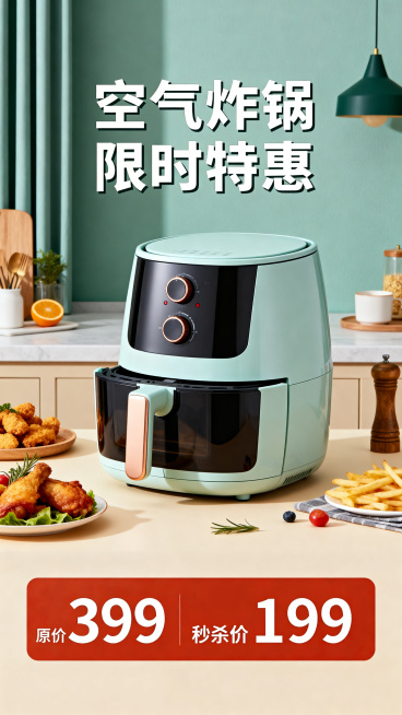 竖版电商宣传海报，现代简约风格，主体是空气炸锅产品，顶部突出宣传标题，中部展示美观的空气炸锅，底部清晰标注"原价399" "秒杀价199"，促销信息醒目，电商促销风，色彩明快吸引眼球预览效果