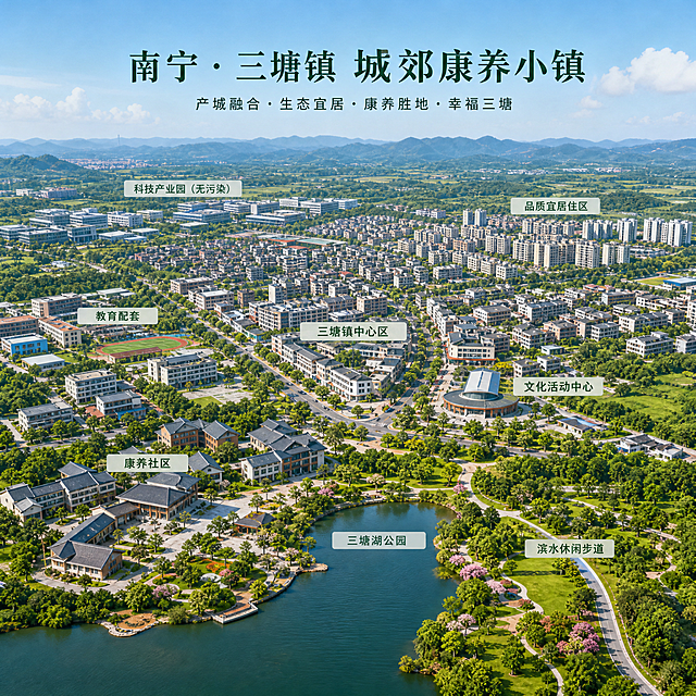 南宁三塘镇城镇整体风貌图，城郊康养小镇风格，南宁近郊宜居片区，城镇建筑结合大片绿地，没有工业厂房，展现产城融合、人居氛围浓厚，体现用地充足、城镇化成熟、无高污染工业的特点