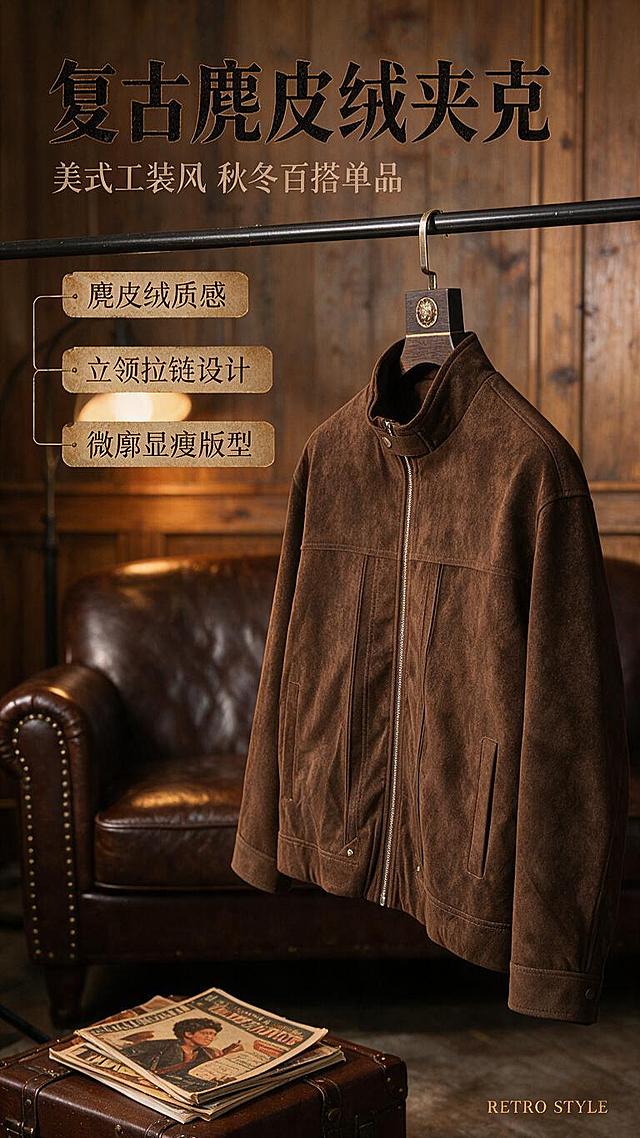 [商品] 使用【图1】棕色麂皮绒立领夹克；商品处理：保留立领、金属拉链、胸前分割线、侧插口袋、袖口收边、下摆、棕色麂皮绒材质和整体版型；自然去除衣身杂乱褶皱，理顺垂坠，增强麂皮绒纹理质感、缝线立体感和金属拉链高光，不改变版型、颜色和结构。
[画面] 目标：复古工装风格头图海报，突出夹克整体造型与高级质感。构图：左文右图，右侧夹克为视觉主体占画面60%，置于复古美式风格场景中，背景为做旧木质墙面+皮质沙发+暖光落地灯，前景有复古行李箱、杂志等道具烘托氛围，营造秋冬穿搭氛围感。景别：中景，夹克正面45度展示，立领和拉链清晰可见。
[视觉] 套系策略：风格=复古美式轻工装风高级商业摄影；标题字=复古衬线粗体；正文字=简洁无衬线体；主色=暖棕焦糖色；背景延展=基于暖棕调做深浅层级、同色渐变和做旧纸张/木质纹理质感；强调色=古铜金，仅用于小面积图标、引线和标签；标题色=深棕黑；正文色=暖棕灰；组件=圆角复古信息卡、细古铜色引线、做旧标签；光影=左前侧暖柔光，右侧轮廓光，营造温暖复古氛围。
[文字] 左上留白放主标题「复古麂皮绒夹克」，副标题「美式工装风 秋冬百搭单品」，下方3个短卖点：「麂皮绒质感」「立领拉链设计」「微廓显瘦版型」，文字不遮挡夹克主体、立领和拉链。右下角小号英文装饰「RETRO STYLE」。
[规格] 图片比例9:16竖版，分辨率1K，避免变形、错字、文字过小、冷蓝/蓝灰背景、衣服颜色改变、版型失真、绝对化用语。