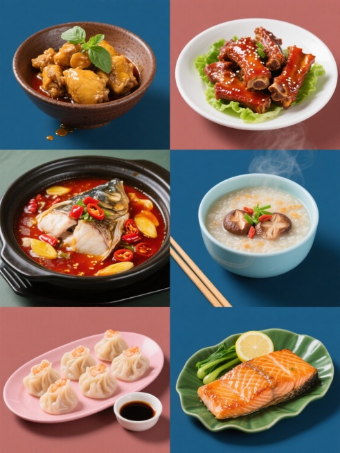 六宫格布局的中式美食系列海报，每张海报为纯色背景，整体色彩变换，保持写实摄影风格，光影运用为柔和顶光，高光表现自然，阴影细节丰富，食物表面质感细腻，酱汁光泽感强。第一张：深棕色粗陶碗中盛放着色泽金黄的三杯鸡，鸡肉块大小均匀，点缀翠绿九层塔，碗边有酱汁滴落；第二张：白色骨瓷盘里摆放着红亮诱人的红烧排骨，排骨肉质紧实，撒有白色芝麻，盘底铺着几片嫩绿生菜；第三张：黑色石锅中沸腾着香辣的水煮鱼，鱼片洁……预览效果