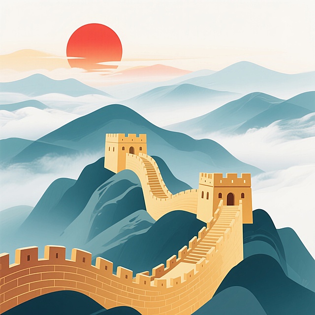 党建主题插画，白色背景，晨曦中的金色长城蜿蜒于层叠山峦之上，红日高悬天际，云雾缭绕山间，采用渐变色彩与平滑线条，整体风格庄重而富有朝气，画面简洁大气，突出党建文化的崇高与奋进精神。