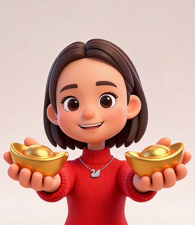 立体卡通风格，15岁快乐可爱女生，和参考图中一样的齐肩短发发型，眼睛笑眯眯，活泼开朗元气满满，身穿红色喜庆针织衫，双手捧着金元宝伸向镜头方向，元宝喜庆色调，简单背景