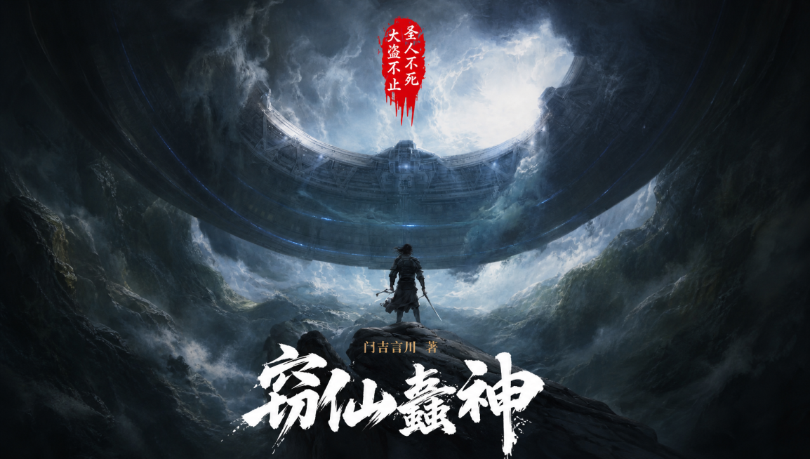 参考原图的科幻国风风格，修改文字内容：书名改为"窃仙蠹神"，上方红色印章文字改为"圣人不死大盗不止"，英文部分改为"门吉言川 著"，去除所有水印，保持原构图和整体风格不变预览效果