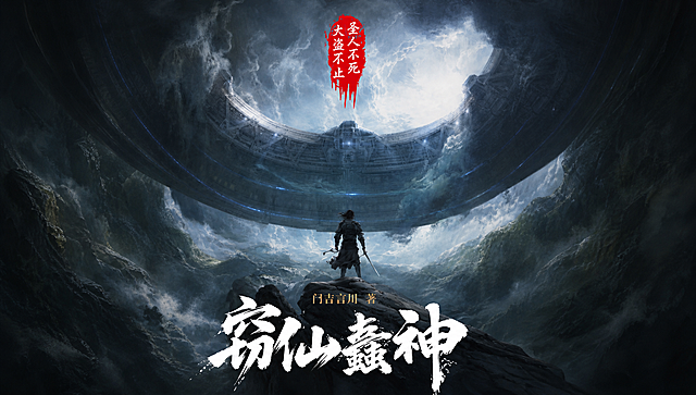 参考原图的科幻国风风格，修改文字内容：书名改为"窃仙蠹神"，上方红色印章文字改为"圣人不死大盗不止"，英文部分改为"门吉言川 著"，去除所有水印，保持原构图和整体风格不变
