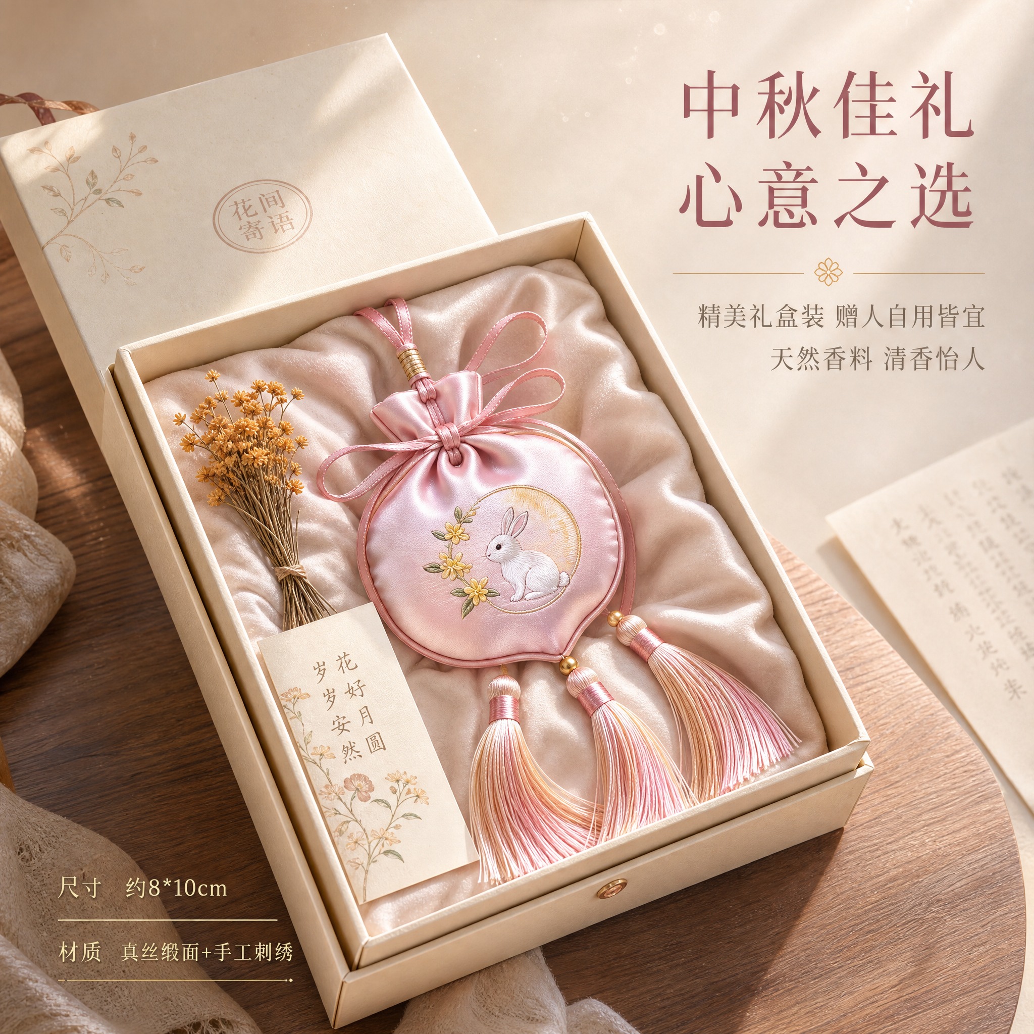 [主图-6] 送礼场景与规格信息图，展示香囊作为中秋/国风礼物… - 图片创意预览