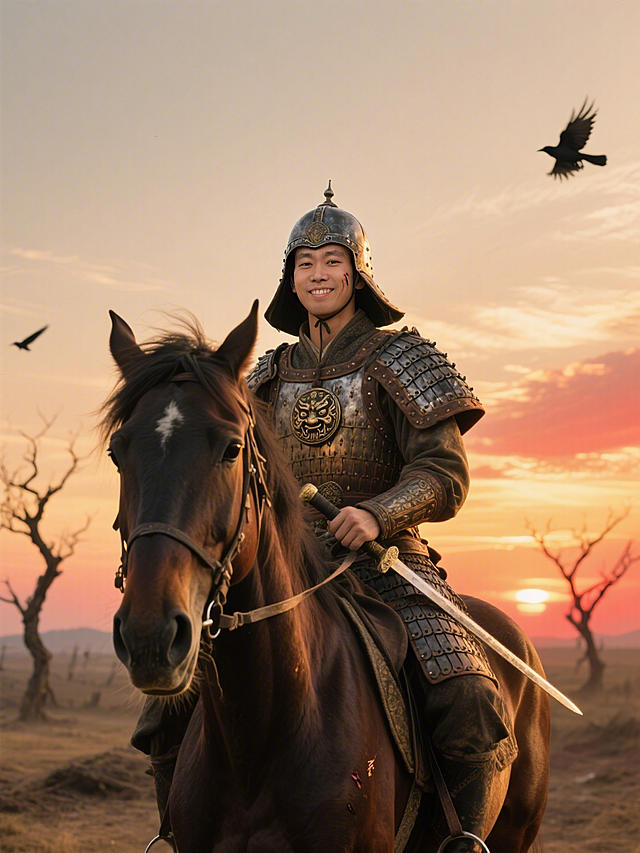 中式古典武士骑马驰骋于落日荒原，重拟物铠甲与油画质感光影交织，3D级实景呈现热血故事感，金属风细节彰显英雄气概。