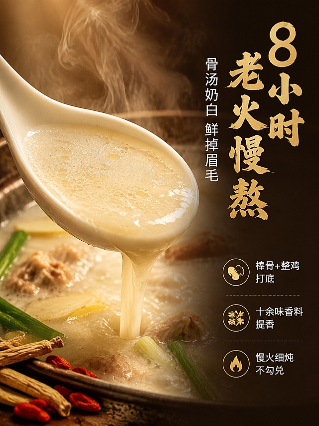 [第4屏] 详情页汤底工艺-老火慢熬羊汤特写。本屏使用【图1】中汤的部分作为质感参考。
[氛围/风格] 浓郁鲜香氛围，暖色调，微距质感，商业美食摄影质感。
[元素布局] 画面主体为一勺正在舀起的奶白羊汤，汤汁浓稠挂勺，油花细腻均匀，约占画面50%；汤勺为陶瓷汤勺，白瓷质感；背景虚化：大汤锅中翻滚的羊汤，隐约可见羊骨、葱段、姜片；左下角散落几根党参、枸杞；蒸汽袅袅升腾，充满热气腾腾的感觉。
[光影质感] 侧上方暖光主照明，照亮汤面油花和浓稠质感；汤勺边缘有高光；蒸汽在光线下呈丁达尔效应；整体暖黄光调，突出汤底浓郁奶白。
[配色色系] 全局底色 #5C3D2E 深棕；主色奶白、米黄；辅助色油花金黄；点缀色枸杞红、葱绿。
[视角构图] 45°斜侧微距构图，汤勺为视觉中心，背景虚化突出主体。
[文字版式] 画面右侧竖排文字区。主标题「8小时老火慢熬」，粗黑体，暖金色大字；副标题「骨汤奶白 鲜掉眉毛」，小号白色字；下方三条工艺说明，配小icon：①「棒骨+整鸡 打底」②「十余味香料 提香」③「慢火细炖 不勾兑」；每条说明前有金色圆点标记；字体沿用首屏黑体+书法组合，字色暖金+白。
[比例分辨率] 3:4 竖版比例，4K分辨率，文字清晰可辨，高清画质。
[负向提示词] 汤汁颜色偏差，水印，文字错乱，文字过小，冷色调，清汤寡水。