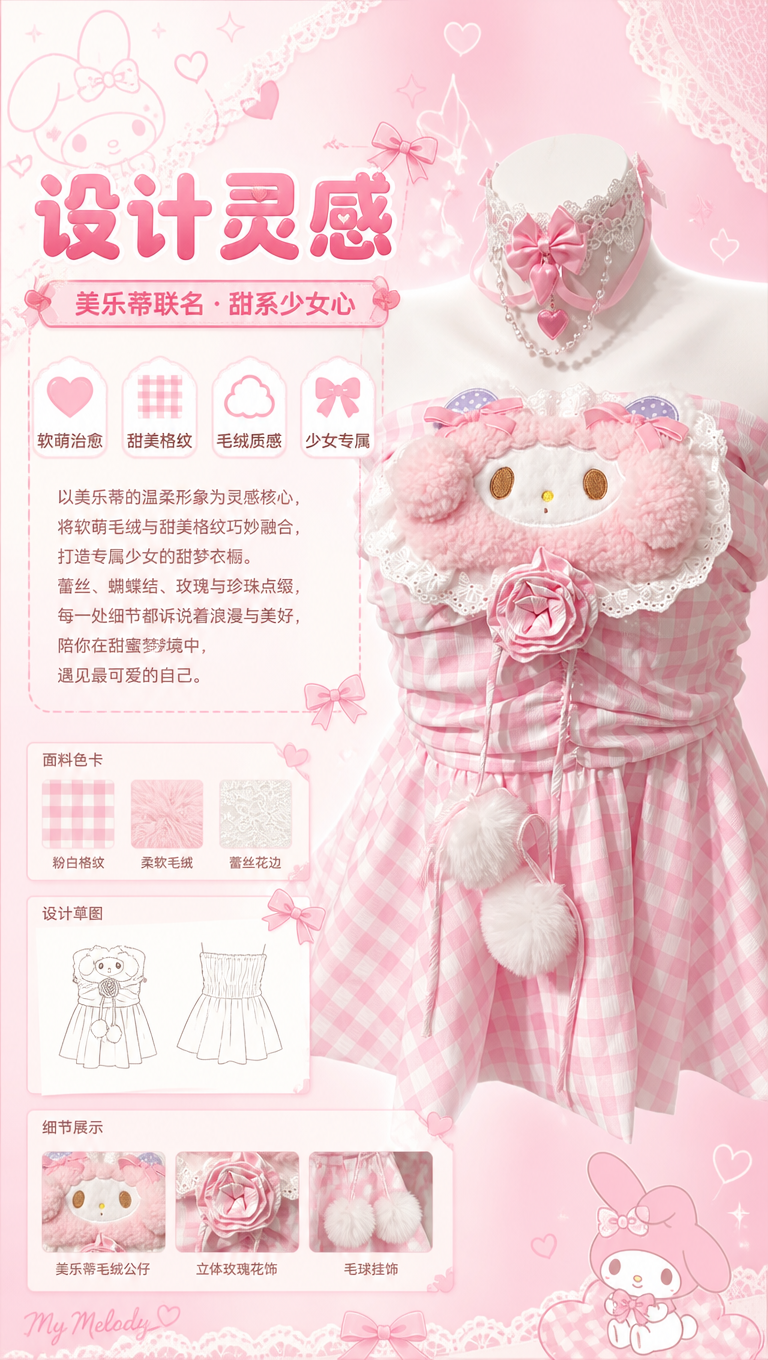 [商品] 使用【图1】粉白格纹美乐蒂主题抹胸睡裙+蕾丝蝴蝶结颈… - 图片创意预览