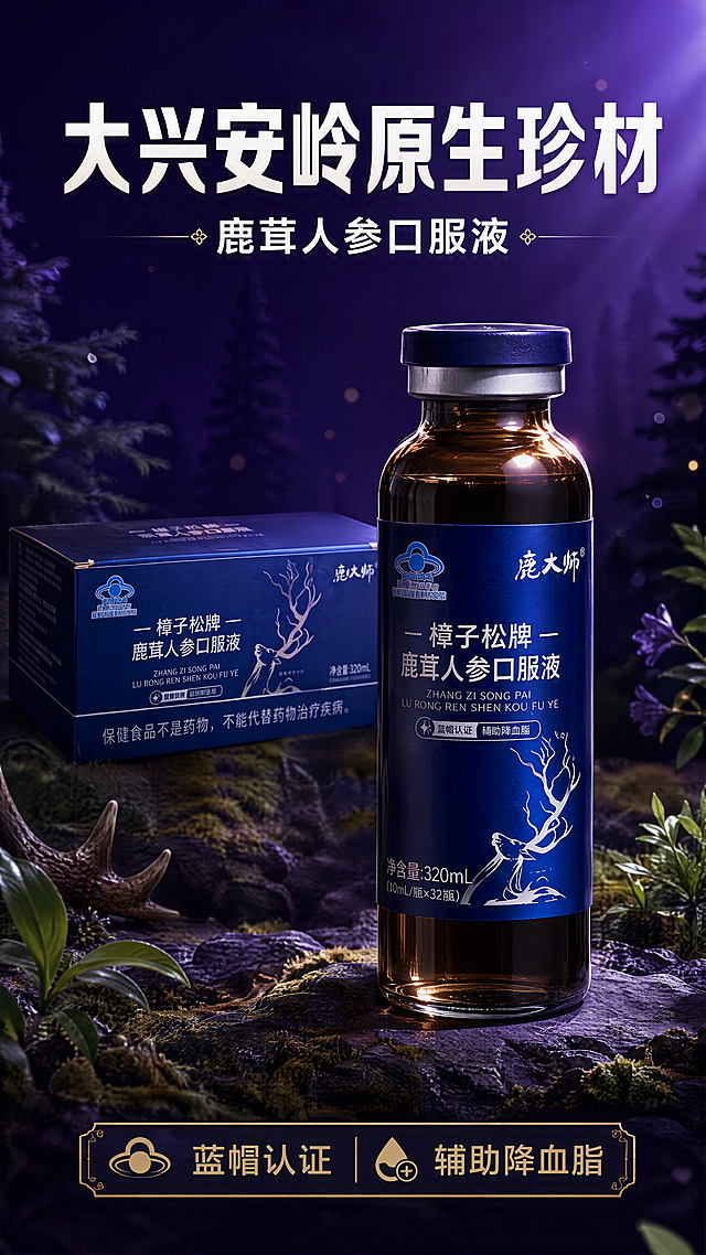 [第1张] 详情页头图主视觉 - 鹿大师樟子松牌鹿茸人参口服液新品宣传海报。本张使用【图4】口服液单瓶作为主体，【图2】礼盒作为辅助展示。
[氛围/风格] 深紫蓝高端保健风，大兴安岭森林自然氛围，神秘高级感，商业摄影质感，参考图同款版式气质。
[元素布局] 口服液瓶置于画面中央偏右，占比约50%，瓶身结构、蓝色标签、鹿头图案、文字与输入产品图完全一致；左侧后方放置礼盒斜侧角度；背景为深紫色渐变森林场景，有朦胧树木剪影和光斑，底部有岩石与草本植物点缀；顶部留标题区。
[光影质感] 右上方柔光主照明，瓶身有明显高光带，底部柔和投影，整体暗调高级，紫色光晕点缀营造神秘感。
[配色色系] 全局底色深紫渐变 #2D1B69 至 #1A0F3D；主色深蓝紫；辅助色金色点缀、白色文字；点缀色森林绿光斑。
[视角构图] 正面微仰视，产品为视觉中心，阅读动线顶部标题 → 中部产品 → 底部信息条。
[文字版式] 顶部大标题「大兴安岭原生珍材」，副标题「鹿茸人参口服液」，白色粗黑体；底部信息条标注「蓝帽认证 辅助降血脂」金色小字；文字不遮挡瓶身主体。
[比例分辨率] 9:16 竖版比例，4K 分辨率，文字清晰可辨，高清画质。
[负向提示词] 瓶身变形，标签文字错乱，颜色偏差，缺件错件，水印，产品图模糊，背景杂乱，文字过小。