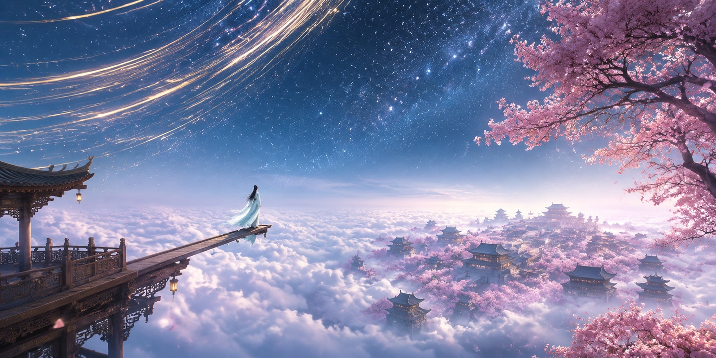 高空纵深广角构图，画面左下角延伸出中式雕花木质悬空观景台与细长… - 图片创意预览