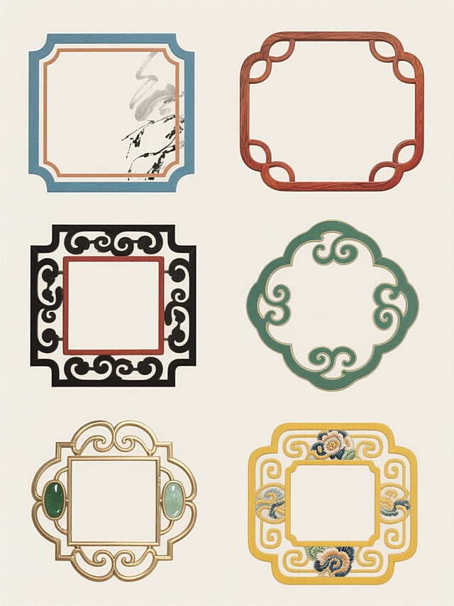 六个完全不同配色、样式与材质的中式边框造型，以浅色为背景，上下两行对齐排列。边框设计融合传统中式元素，包括云纹、回纹、如意纹等经典纹样，造型涵盖方正、圆角、弧形等多种轮廓。配色采用青蓝、赭石、墨黑、朱砂、翠绿、明黄等传统色彩，材质分别呈现水墨笔触的轻盈飘逸、木质雕刻的温润纹理、金属铸造的光泽质感、玉石镶嵌的通透温润、陶瓷烧制的古朴厚重以及刺绣工艺的细腻肌理。整体风格简洁雅致，线条流畅，细节丰富，展现中式美学的韵味与多样性，适合作为装饰性框架使用。