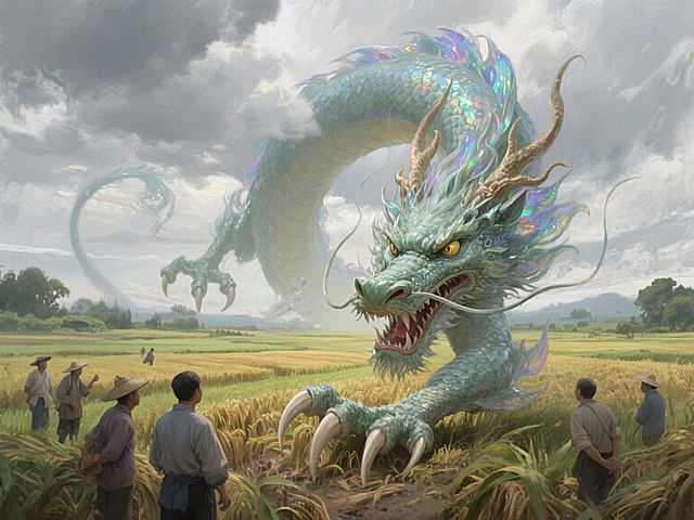 田园龙神，身躯直通云端，席卷田地，半个龙头插入田间，爪子锋利无比直插田地，眼神透露出不甘和愤怒，周围农夫在田间围观，田地辽阔无比，天气阴天密布