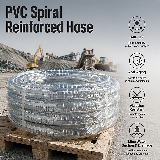 PVC Spiral Reinforced Hose, strictly refer to the uploaded product images, complete retain all visible components, contours, structure, proportions, material texture, and original color of the product. Mine stockyard product display scene, light low saturation gray gradient background. Coiled PVC spiral reinforced hose neatly placed on wooden pallet, with a few mining machinery in the blurred background. Bright soft studio lighting, the product's transparent surface reflects light evenly, highlights the spiral steel wire structure. Centered close-up perspective. 
Text layout: large main title "PVC Spiral Reinforced Hose" on the top left, four icons on the right separately display core selling points: Anti-UV, Anti-Aging, Abrasion Resistant, Mine Water Suction & Drainage, each selling point has a small icon and short description. All text is in English, clear and readable, does not block the product主体. 
Color scheme/materials: transparent PVC, steel wire gray, light gray, low saturation gradient. Ultra HD commercial photography, bright natural lighting, professional and clear, clean picture, professional objective style. Reference similarity 50%, retain the product's original appearance structure, pipe color and material unchanged. Strictly lock aspect ratio 1:1.