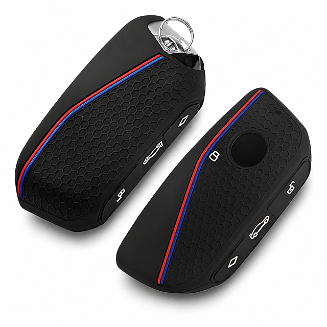 [主图-1] 2 Pack Silicone Key Fob Cover for BMW 7 Series i7 iX X1 X5 X6 X7 XM M60 2023-2026, Signal-Friendly Anti-Pressure Car Key Protector with Key Ring, Compatible with 3-Button Key Fob。首图白底展示，突出产品整体外观和2件装数量。
[统一基调] 亚马逊跨境风格，纯白背景，无任何文字、水印、边框和装饰，产品精修干净，商业摄影质感。
[画面] 画面中央展示2个黑色硅胶钥匙保护套，一正一反呈45度角错落摆放，正面展示带3个白色按键图标（锁车、后备箱、菱形键）和红蓝运动条纹的一面，反面展示背面纹理，顶部银色钥匙环清晰可见。产品占画面约85%，居中放置，底部有轻微自然接触阴影。蜂窝状纹理、红蓝条纹、硅胶材质质感清晰可辨。
[光影质感] 柔和均匀的商业棚拍光，主光从左上方45度照射，右侧有补光，硅胶表面呈现细腻的哑光质感，边缘清晰，无过曝和死黑区域，阴影自然柔和。
[配色] 纯白背景，产品为黑色硅胶主体配红蓝细条纹，按键图标为银白色，钥匙环为金属银色。
[输出要求] 1:1正方形比例，2048x2048像素，产品完整不切割，边缘清晰，无变形，无模糊，无水印，无平台Logo，无任何文字。