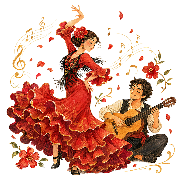 正方形 1:1 独立局部插图（Spot Illustration），欧洲暖色绘本手绘质感，水粉彩铅与水彩风格，2D 扁平手绘矢量质感，纯白/纯浅米色干净背景，无任何房间或室内场景，边缘干净，画面透气。画面主体：一位热情洋溢的年轻西班牙女孩正在跳弗拉门戈舞，身穿飞扬层叠的石榴红荷叶边长裙，黑色发髻上戴一朵盛开的深红色石榴花，神态明媚自信，裙摆带动感旋转弧线。伴奏与元素组合：舞者身旁围坐着一位抱着西班牙古典木吉他欢快弹奏的乐手，周围轻盈环绕手绘金黄色音乐符号、跳动的音符旋律线与飞舞的红色小花瓣。主体人物与乐队自然聚合成紧凑优美的插画团簇。色彩明艳温暖（石榴红、暖金色、橄榄绿），文字清晰准确。避免：3D 建模，写实阴影，复杂背景，杂乱无章，大面积荧光高饱和色。