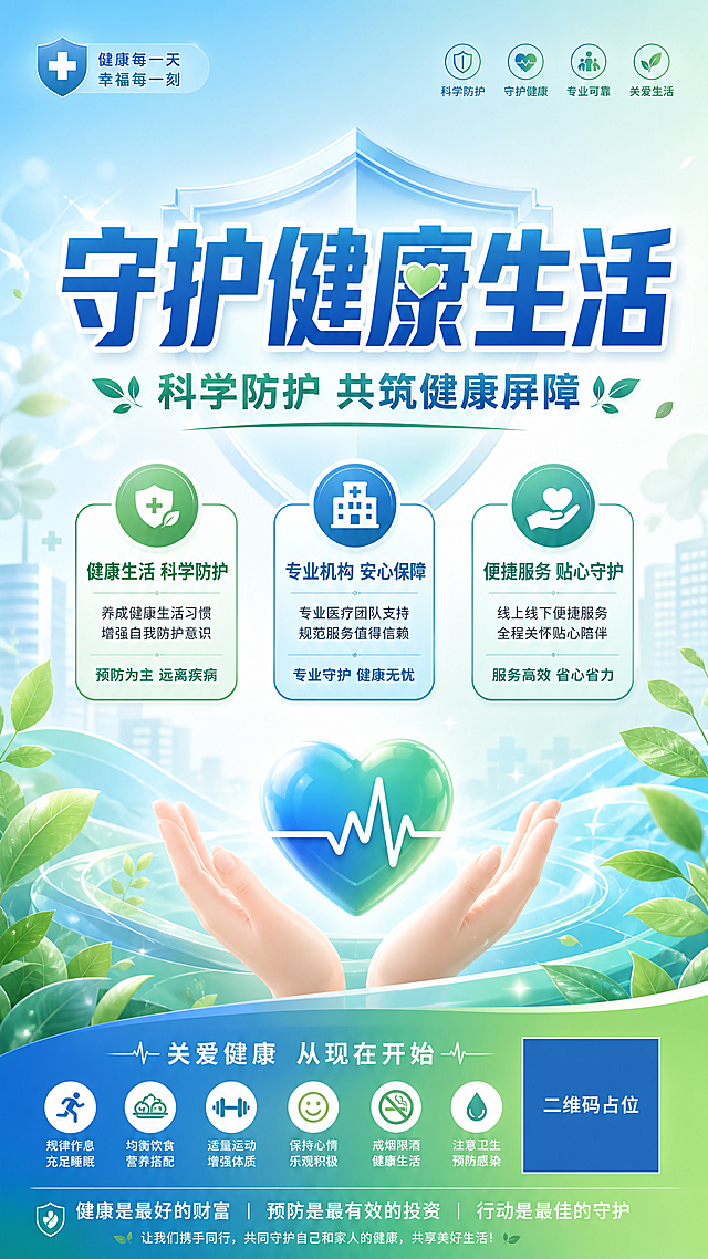 健康防护宣传海报，通用医疗健康主题，清新专业风格，蓝白绿色系，简洁可信。画面中央大标题"守护健康生活"，副标题"科学防护 共筑健康屏障"。画面中部展示三个信息标签："健康生活 科学防护"、"专业机构 安心保障"、"便捷服务 贴心守护"。底部有辅助文案"关爱健康 从现在开始"。背景为柔和的蓝绿色渐变，搭配抽象健康元素如盾牌图形、绿叶、心形图案，营造清新积极的健康氛围。版式精美，大标题居中，信息标签排列整齐，四周留有安全边距。画面中所有二维码区域使用纯色方块占位符呈现，方块中央标注"二维码占位"文字，严禁生成任何可识别的二维码图案。画面中所有信息区域必须填充完整合理的内容，不得出现空白框、空白占位、横线待填写区域、空列表项、空单元格，确保是完整可用的成品海报而非待填写模板。超高清画质，柔和自然光，整体色调清新温暖。