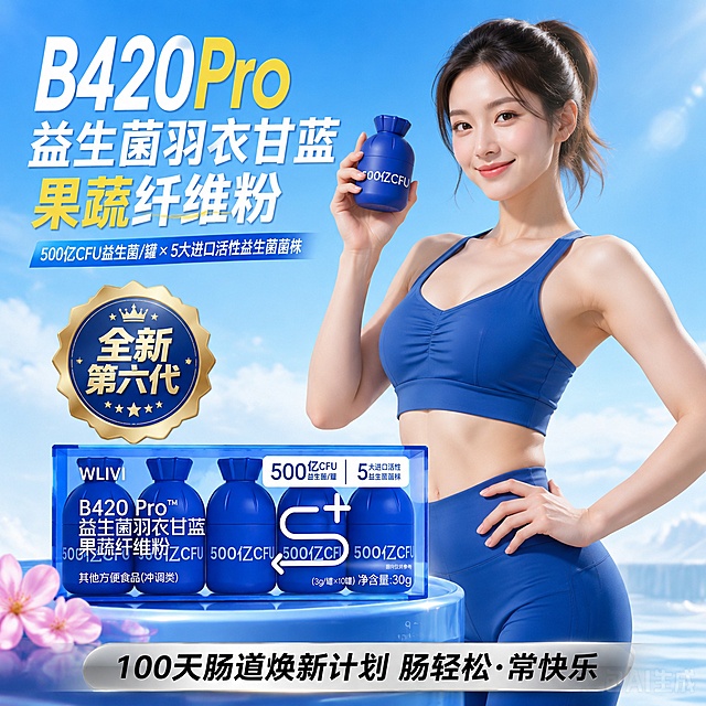 主体与人物： 一位年轻美丽的亚洲女性，穿着蓝色运动吊带背心和紧身瑜伽裤，面带自信微笑，右手举起一瓶蓝色益生菌粉，姿势自然。旁边放置着一个透蓝色盒装长方形产品。环境与背景： 浅蓝色的天空作为背景，整体氛围清新明朗。画面左下方有微微的白色烟雾或粉末特效，营造轻盈感。前景是蓝色的弧形水台边缘，左下角点缀着粉色的花瓣，有一种健康、舒适的居家或健身房氛围。排版与图形： 画面左上角有巨大的白色与黄色相结合的悬浮中文广告语“B420Pro”等，字体具有设计感。左侧有一个带有质感的功勋章形徽章，写着“全新第六代”字样并带有星星，采用3D立体渲染风格。底部有醒目的银底黑字横幅，写着大字广告语。光影与色彩： 高调明亮的光线，光线柔和且均匀，没有死黑的阴影。主色调为蓝色、天蓝色和白色，营造出干净、高级、女性化的视觉效果。质感上带有商业摄影的微颗粒和3D包装材质感。