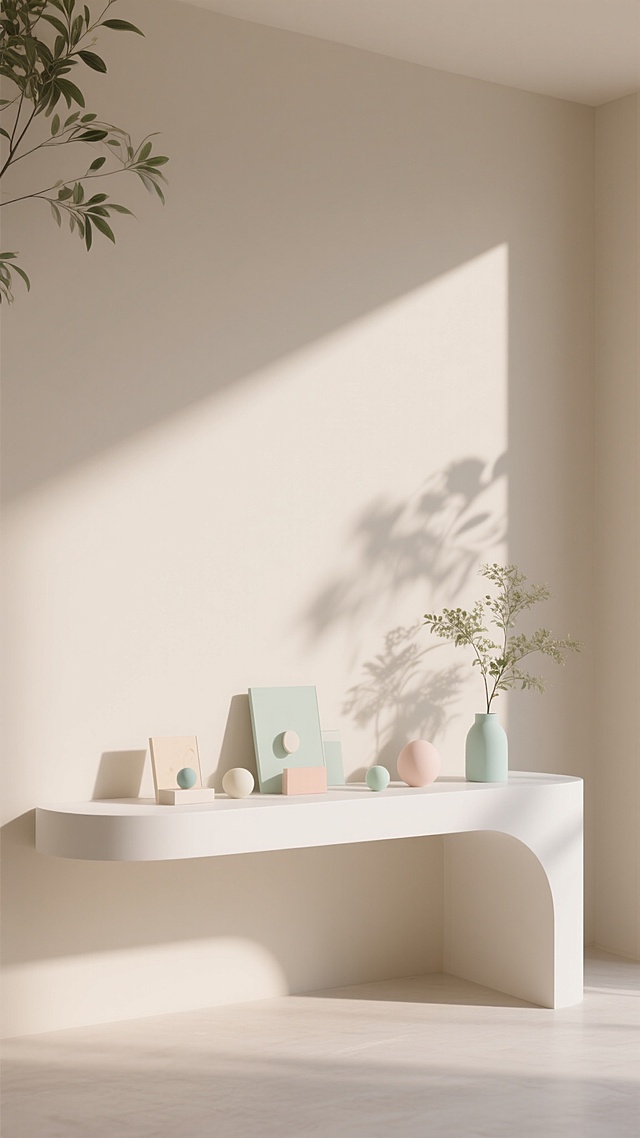 极简主义风格3D渲染，柔和自然光从左上角斜射，在浅米色哑光背景墙上投下清晰的植物阴影，白色弧形展示台上放置不同内容的装饰元素，配色采用清新的马卡龙色系，场景为简约现代的家居展示空间，整体氛围宁静舒适，光线柔和，阴影过渡自然，具有高度的画面整洁度和设计感。