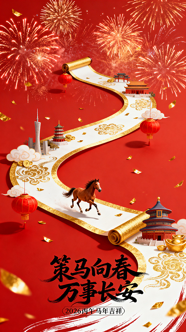 国潮风融合微缩艺术，鎏金卷轴铺展长安盛景，剪纸风格建筑与奔马呼应，水墨笔触点缀，红金配色尽显喜庆与中式韵味，烟花绽放贺丙午马年。