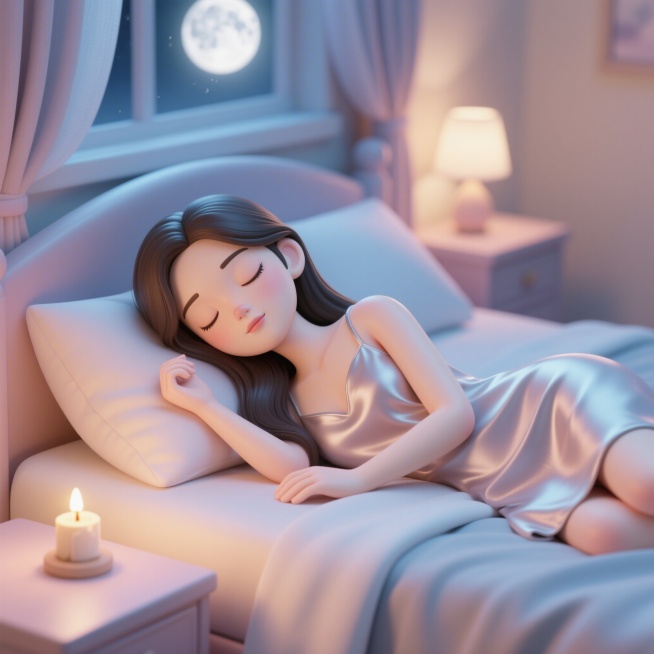 趣味3D插画风格，C4D渲染，OC渲染，Blender建模，柔软光线，马卡龙色系，泡泡玛特盲盒质感，光滑黏土材质，影棚打光，8k分辨率，超细节，一位温柔优雅的年轻女性，长发披散，穿着丝质睡衣，侧卧在温预览效果