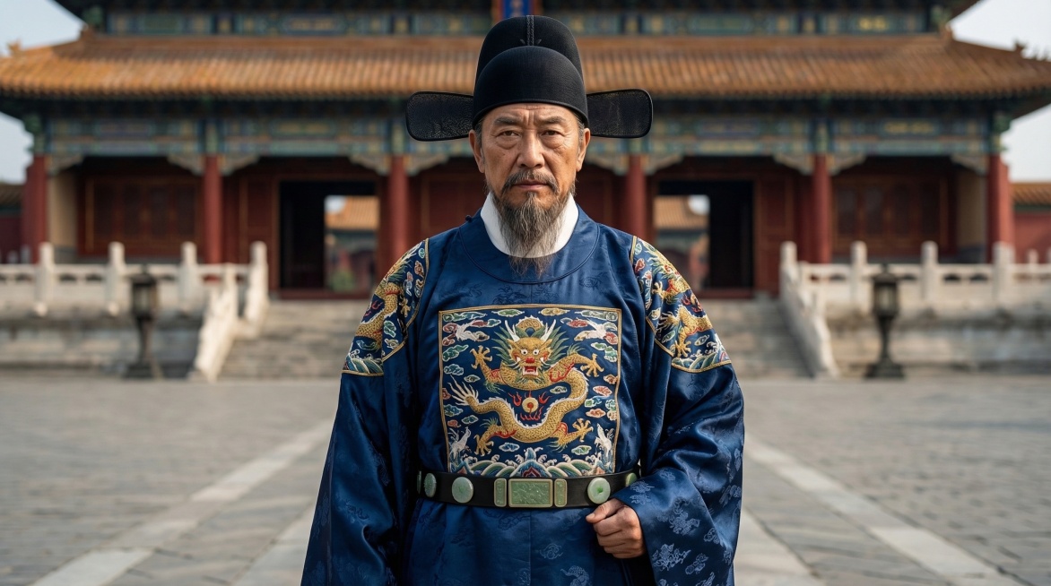 给图中角色换上明朝兵部尚书蓝色官服，其他内容、图片排版保持不变，超写实真人风格，照片级质感预览效果