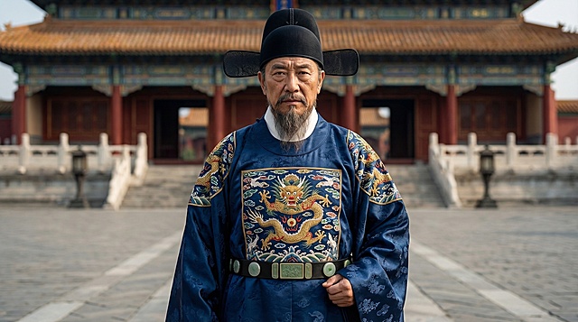 给图中角色换上明朝兵部尚书蓝色官服，其他内容、图片排版保持不变，超写实真人风格，照片级质感
