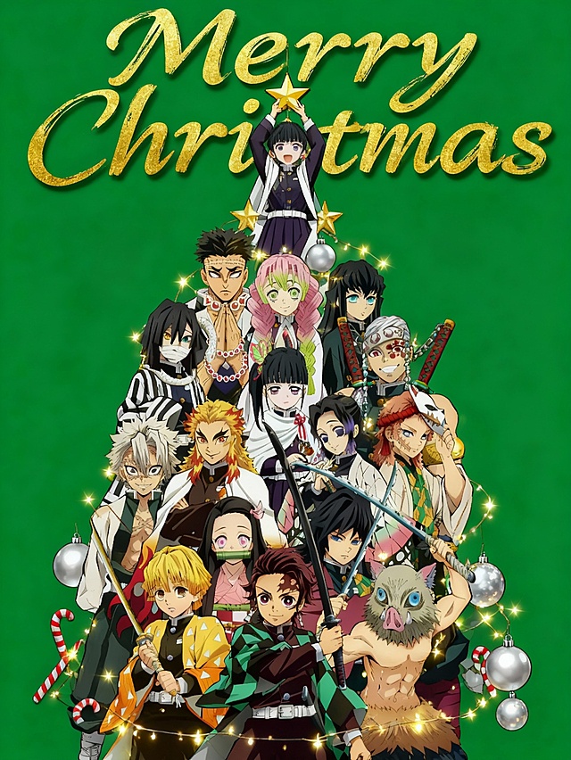 生成一张圣诞节海报，将参考图的角色以不同的表情和姿势重复组合变成一棵抽象的精致圣诞树造型，最顶部的举着星星，搭配银色圣诞球、灯串、拐杖，画面顶部金色的手绘英文字体书写着巨大 “Merry Christmas”，绿色背景。