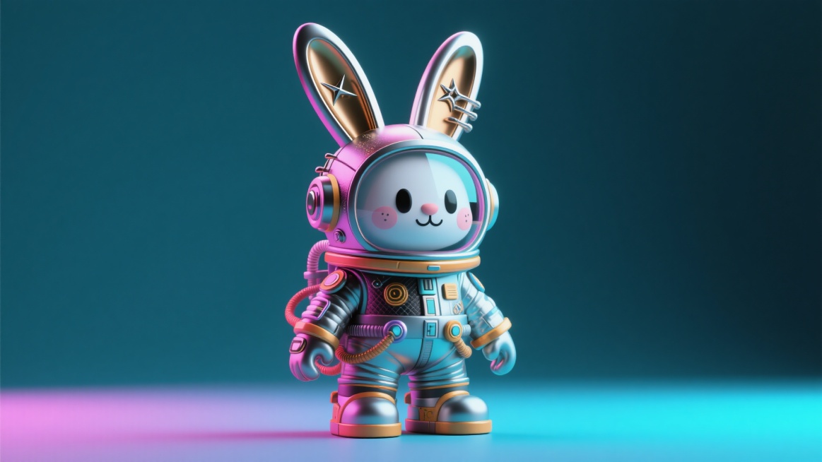 趣味朋克风3D太空兔子，穿着炫酷宇航服，宇航服带有朋克元素，耳朵为金属材质，纯色背景（与第一张不同色），简约高级，磨砂玻璃质感，OC渲染器，Blender渲染，极致清晰度，杰作预览效果