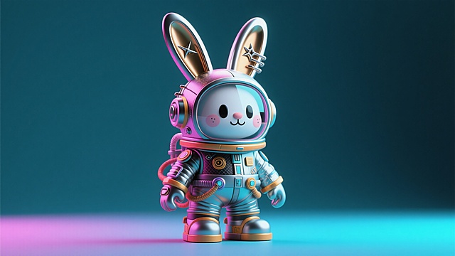 软3D风设计，可爱兔子拟人化，身着未来科技感宇航服，色彩斑斓，充满梦幻与探索精神。