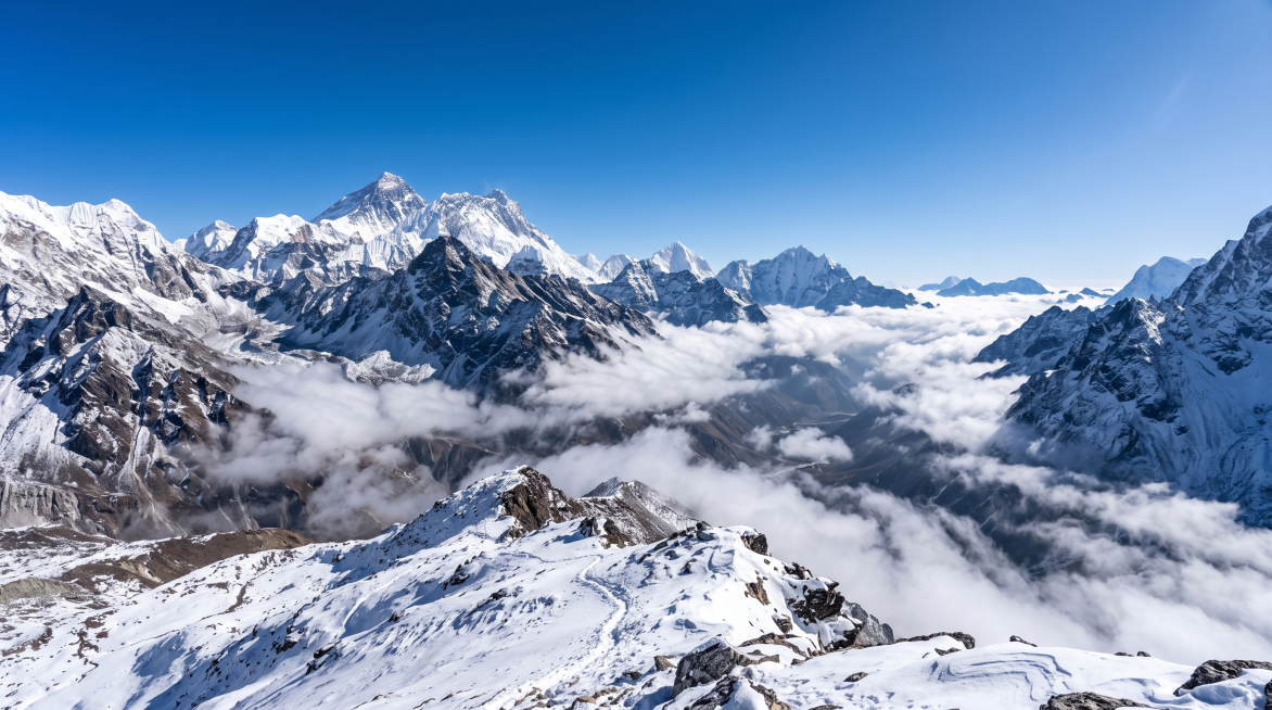 高海拔雪山风景，通透蓝天与洁白积雪，远处山谷云雾缭绕，大气开阔的自然风光预览效果