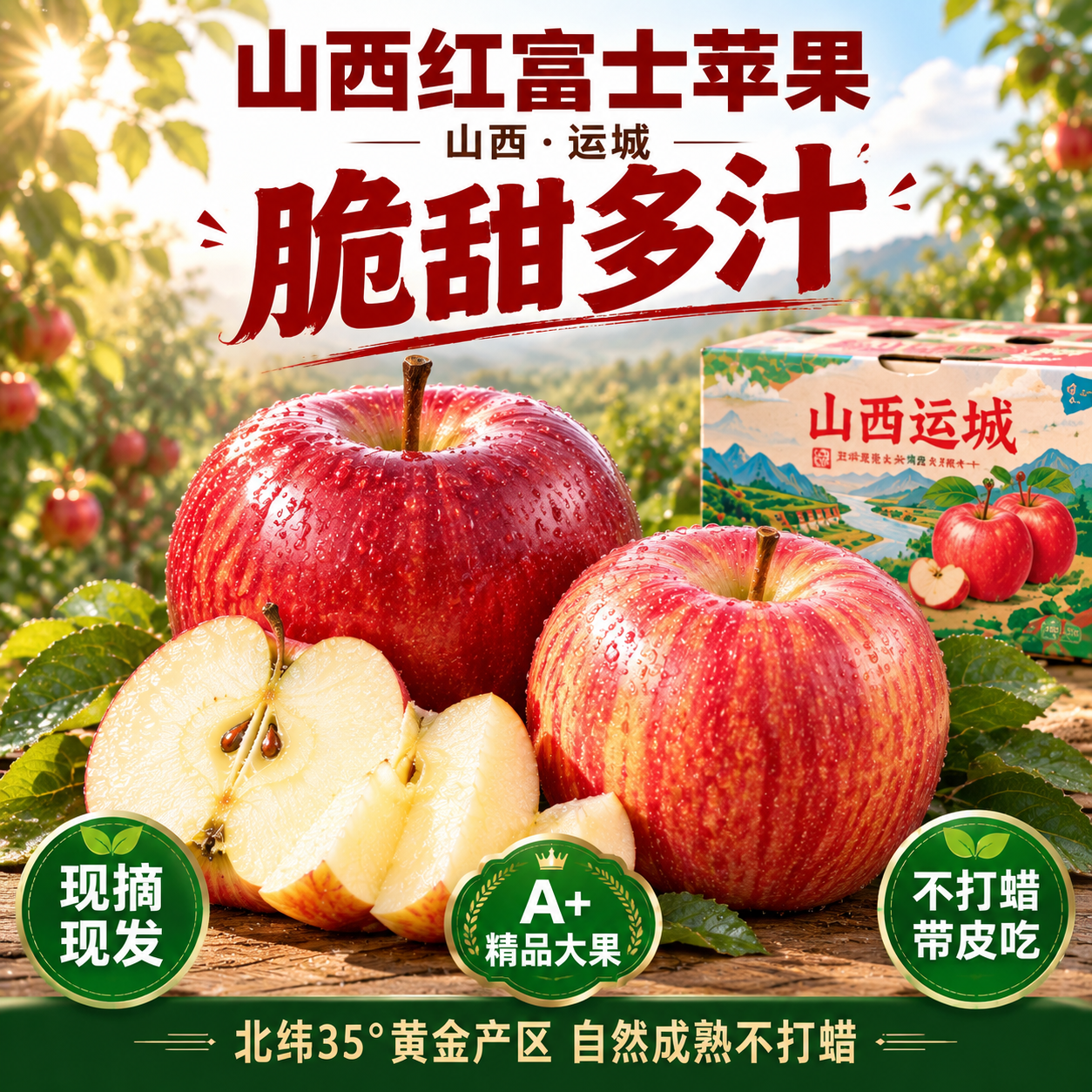京东电商主图，卖点聚焦风，主题：脆甜多汁。山西运城苹果果园实景… - 图片创意预览