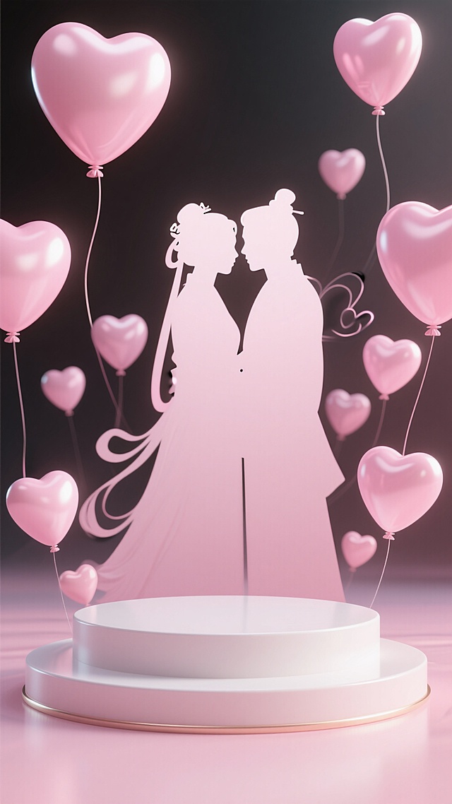 梦幻3D剪影风，浪漫情侣剪影与粉色心形气球，营造甜美情人节氛围。