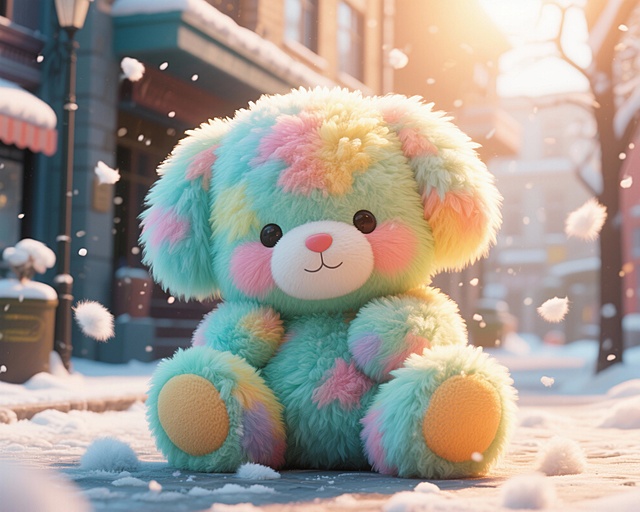 梦幻软3D风毛绒兔，彩虹毛发随光流动，雪中静坐，暖阳洒落，营造冬日温馨童话氛围。