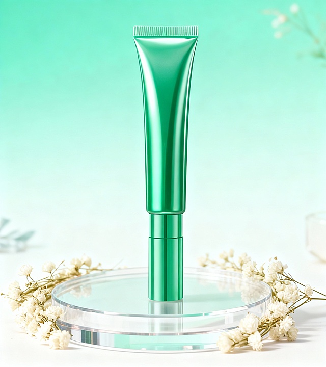 重新生成一张图片，背景呈现渐变色；展台透明亚克力圆形，加一些浅白干花修饰；产品居于正中间，背景适当添加一些修饰，但不突兀