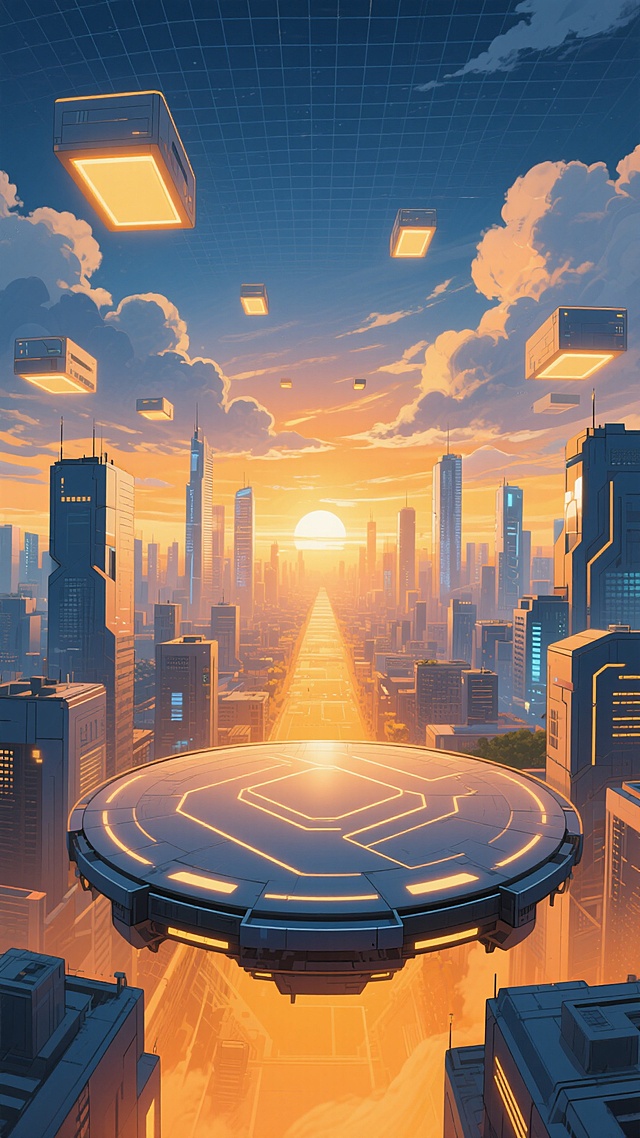 动漫风格的未来城市风光插画，整体采用明亮的橙黄色与深邃的靛蓝色形成鲜明对比的配色方案，营造出充满活力与希望的黎明氛围。画面中央是圆形的悬浮平台，平台表面有发光的几何线条图案，平台边缘环绕着高低错落的几何块状建筑。远处是高楼林立的城市天际线，城市上空漂浮着多个发光的矩形悬浮装置，天空中布满了带有网格纹理的云层，云层间透出温暖的晨光，光线柔和地洒在城市建筑和平台上，形成淡淡的光晕效果，整个场景充满科技感与未来感，视觉层次分明，构图采用对称美学，引导视线聚焦于画面中央的平台向远方延伸。