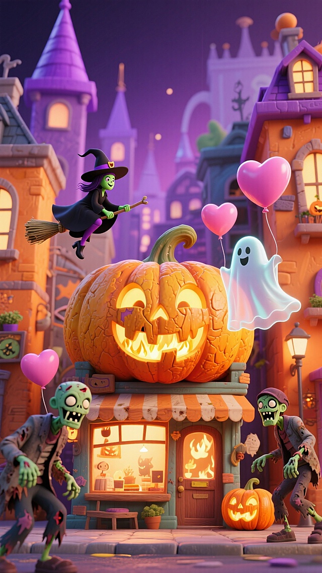 梦幻3D风卡通场景，拟人化南瓜店与萌趣僵尸、巫婆共庆万圣节，软粘土质感融合超现实元素，粉色心形气球增添喜庆趣味感。
