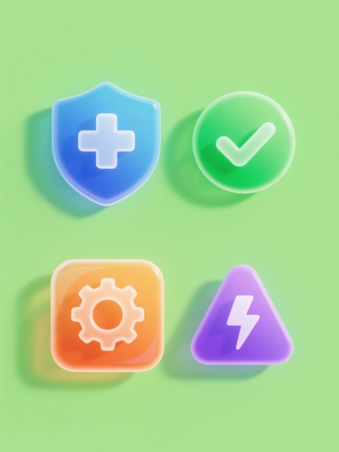一组四个不同元素的图标集合，保持与原图一致的3D半透明渐变玻璃质感、高光效果和流畅线条风格，每个图标均有独立的纯色背景，元素类目依次为：蓝色盾牌与医疗十字、绿色圆形与对勾符号、橙色方形与齿轮图案、紫色三角形与闪电标志，所有图标规整排列，色彩鲜明，光影统一，设计感强。预览效果