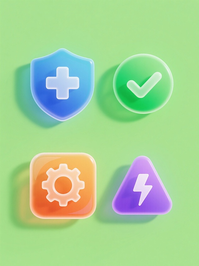 一组四个不同元素的图标集合，保持与原图一致的3D半透明渐变玻璃质感、高光效果和流畅线条风格，每个图标均有独立的纯色背景，元素类目依次为：蓝色盾牌与医疗十字、绿色圆形与对勾符号、橙色方形与齿轮图案、紫色三角形与闪电标志，所有图标规整排列，色彩鲜明，光影统一，设计感强。