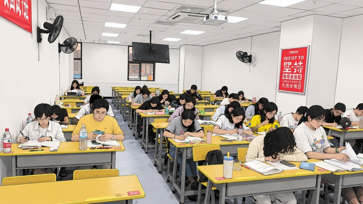 将这张教室学习场景图转换为卡通风格版本，保留原图布局、人物位置和教室环境，整体绘制为卡通插画风格预览效果