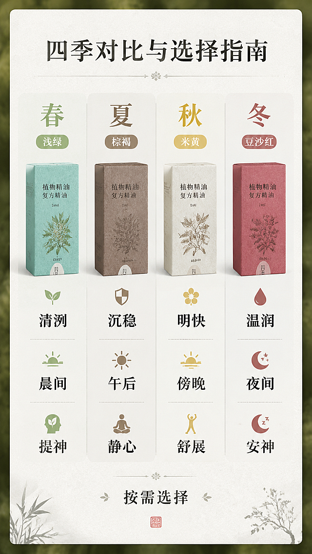 [第9屏] 四季对比与选择指南-四栏横向对比表。本屏依据【图7】正面包装文字与【图1】【图2】【图4】【图5】产品外观构建。
[氛围/风格] 宣纸底+国风留白，低饱和自然色调; 背景为统一苔藓纹理虚化。
[元素布局] 四栏等宽横向排列：每栏含①盒色缩略图（春浅绿/夏棕褐/秋米黄/冬豆沙红）②主香调词（清冽/沉稳/明快/温润）③适用时段（晨间/午后/傍晚/夜间）④情绪关键词（提神/静心/舒展/安神）；底部加'按需选择'提示。
[光影质感] 平光均匀，无阴影干扰；缩略图保留产品轮廓与文字细节。
[配色色系] 全局底色 #F8F9F7；四栏主色按盒色；文字黑 #2D2D2D；分隔线浅灰 #D0D0D0。
[视角构图] 平视信息表布局，阅读动线自左至右。
[文字版式] 香调词20pt加粗，时段与情绪16pt；每项≤6字；禁长段落。
[比例分辨率] 9:16竖版，4K。
[负向提示词] 表格边框过重, 文字过小, 颜色偏差, 产品变形, 虚构功效, 医疗术语。