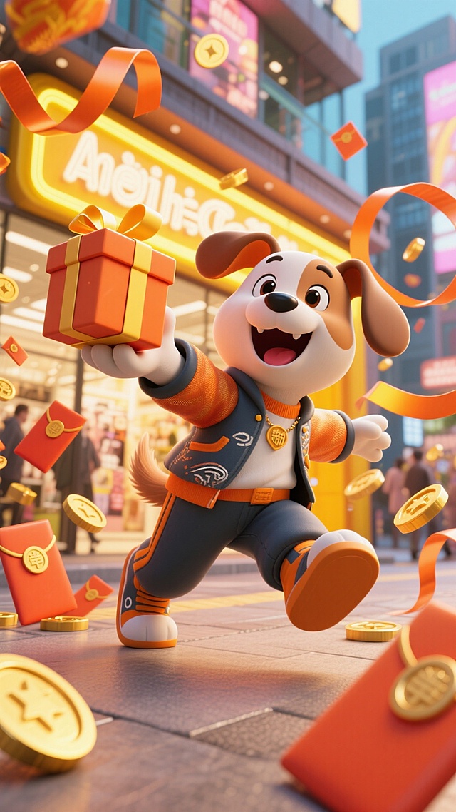 强烈镜头畸变，冲击力强，大幅度夸张动作，画面四周围绕的是很多红包和金币，一个穿搭时尚的小狗，左手向前伸向镜头，刚刚接着一个礼盒，惊喜的表情，表情开心，比例夸张，背景在室外的商场。主色调为橙色和黄色。背后有彩带。