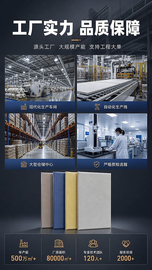[商品] 使用【图1】玻纤棉软包产品小图作为工厂实力页点缀；商品处理：去除塑封膜亮面。
[画面] 目标：第八屏工厂实力展现。构图：上方大标题区，中间为工厂场景拼图（生产车间、自动化生产线、仓储仓库、质检实验室四张图拼合），下方为产能/规模数据展示；背景为深灰渐变，整体呈现大型制造企业的实力感和专业度；营造B端大客户信赖的工厂形象。
[视觉] 套系策略：风格=沉稳工业风B端商业摄影；标题字=粗黑无衬线黑体；正文字=简洁无衬线体；主色=深炭灰+藏青蓝；背景延展=深灰渐变+建筑结构暗纹+冷调工业质感；强调色=橙金色，仅用于小面积图标、引线、重点标签；标题色=纯白；正文色=浅灰；组件=深色信息卡、细线引线、工业风图标；光影=工厂场景保持真实工业光感。
[文字] 顶部主标题「工厂实力 品质保障」，副标题「源头工厂 大规模产能 支持工程大单」；四张工厂图标注：现代化生产车间、自动化生产线、大型仓储中心、严格质检流程；底部数据区：年产能XX万㎡、厂房面积XX㎡、专业技术团队XX人、服务项目XX+。文字横排，数据突出。
[规格] 图片比例9:16竖版，4K分辨率，负向提示：避免塑封膜、反光、变形、错字、文字过小、工厂场景失真、卡通风格。