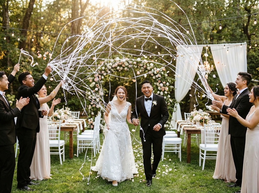 生成一张类似的婚礼场景图，更换新郎新娘和宾客们的姿势，更换婚礼场景，前景的彩带保持不变预览效果