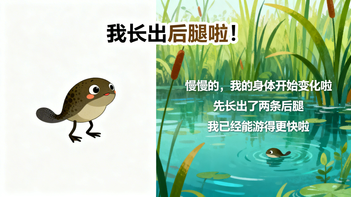 幼儿园PPT内页，标题文字"我长出后腿啦！", 文字内容：慢慢的，我的身体开始变化啦 先长出了两条后腿 我已经能游得更快啦,卡通长后腿小蝌蚪，池塘水草背景，可爱卡通风格，文字清晰，图文对半排版预览效果