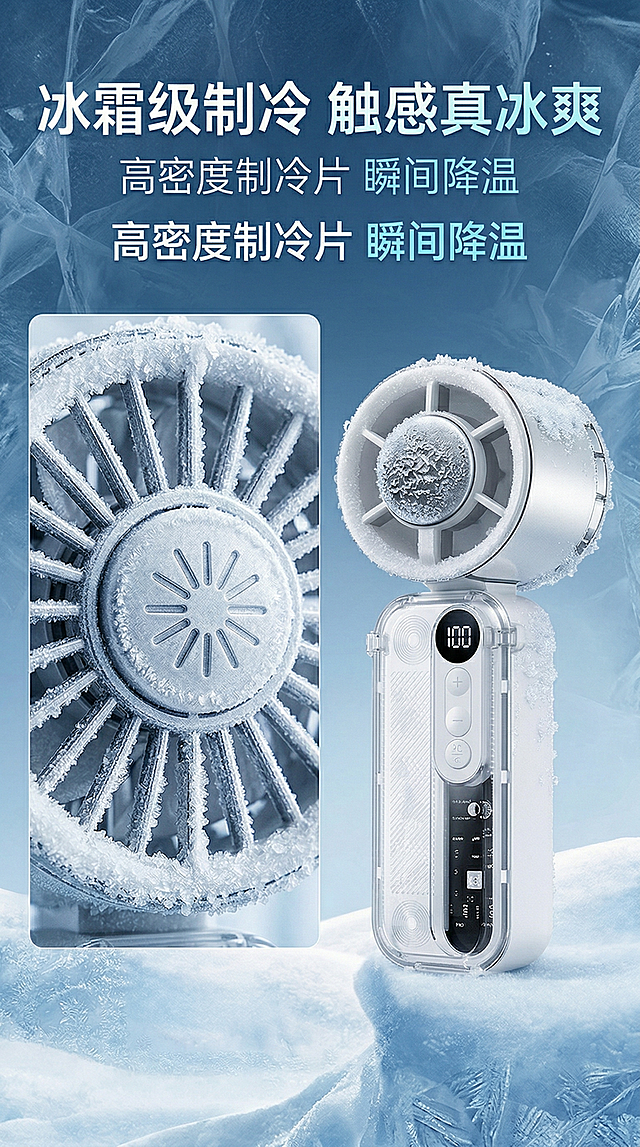 [主图3]冰敷折叠小风扇材质细节图，冰感雪山科技感风格，左侧展示出风网的微距特写，冰霜结晶的细腻纹理清晰可见，右侧放置完整产品，背景是半透明的冰晶材质纹理，顶部标题"冰霜级制冷 触感真冰爽"，下方小字标注"高密度制冷片 瞬间降温"，字体为无衬线体，白色和冰蓝色，文案不遮挡产品，画面无边框，产品外观与原图完全一致
