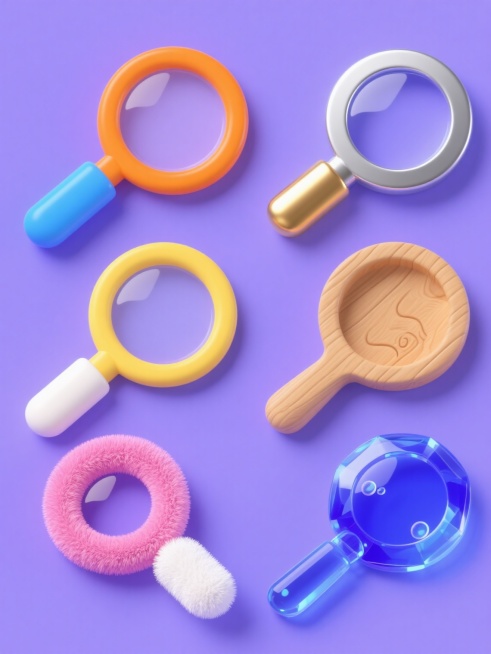 一组6个相同造型的卡通风格放大镜图标系列素材，每个图标保持圆形镜片、黄色镜框和蓝色手柄的基本元素内容但具有完全不同的材质表现，整体色彩变换为清新多彩调，采用纯色背景，所有图标规整地横向或网格状排布；第一个放大镜呈现光滑塑料质感，镜框为亮橙色，手柄为天蓝色，表面有细微高光；第二个为磨砂玻璃材质，镜框呈半透明淡紫色，手柄为磨砂白色，带有细腻纹理；第三个是金属材质，镜框为哑光银色，手柄为拉丝金色，边……预览效果