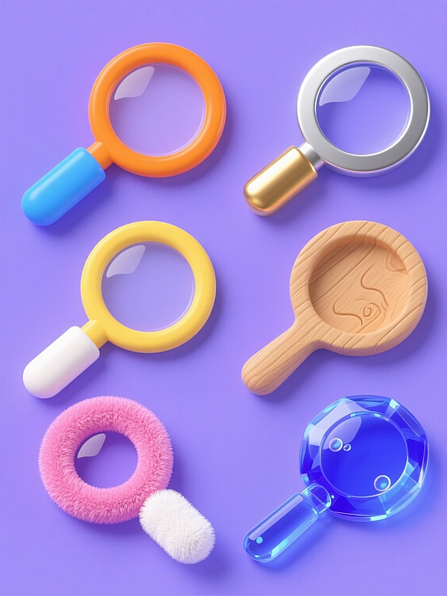 一组6个相同造型的卡通风格放大镜图标系列素材，每个图标保持圆形镜片、黄色镜框和蓝色手柄的基本元素内容但具有完全不同的材质表现，整体色彩变换为清新多彩调，采用纯色背景，所有图标规整地横向或网格状排布；第一个放大镜呈现光滑塑料质感，镜框为亮橙色，手柄为天蓝色，表面有细微高光；第二个为磨砂玻璃材质，镜框呈半透明淡紫色，手柄为磨砂白色，带有细腻纹理；第三个是金属材质，镜框为哑光银色，手柄为拉丝金色，边缘有金属倒角和反光；第四个是木质材质，镜框和手柄均为浅棕色木纹，带有自然木节和雕刻纹理；第五个是毛绒材质，镜框为粉色绒毛质感，手柄为白色毛绒，边缘有柔软毛边；第六个是水晶材质，镜框和手柄均为透明深蓝色水晶，内部有折射光线和气泡细节，每个图标都保持2D扁平化设计风格，简洁圆润的线条，无渐变阴影，色彩鲜明饱和，适合作为UI图标或素材使用。