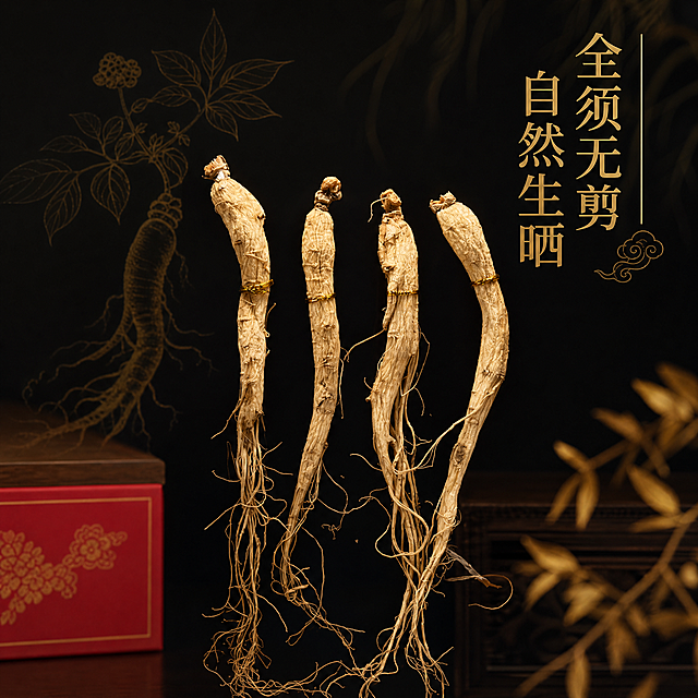 [单张主图] 商品名称全须生晒参，高级氛围感滋补品主图，国风滋补风搭配家居治愈风。
[画面主体] 画面中间摆放4支完整全须生晒参，保持人参的外观、形态结构、淡黄表皮、清晰褶皱与茂密完整参须与输入产品图完全一致，杜绝任何变形和色差，精细化处理，商品主体占比严格控制在60%-70%之间，边角搭配一小块红色礼盒做点缀，人参表皮淡黄褶皱清晰、参须茂密完整，中药材温润质感。
[构图版式] 采用中轴诗意氛围型版式，顶部居中预留空间，产品居中略微偏下，占画面50%左右，右上角放置烫金文案，整体画面满屏无边框。
[场景元素] 背景为黑金暗纹底，黑底带有鎏金仿古人参线稿暗纹，整体背景干净高级，不抢主体。
[文案版式] 右上角烫金文案：全须无剪 自然生晒，字体为细烫金宋体，字重克制，文字清晰可读，不遮挡人参主体。
[光影质感] 高级柔和光影，写实商业摄影质感，微距实拍，主光为柔和侧光，清晰突出人参表皮褶皱与参须纹理，辅光为环境柔光，消除生硬阴影，参须和表皮有自然高光反射，整体通透温润，景深适中，背景略微虚化突出主体。
[配色字体] 主色调为黑色，辅助色为鎏金金色，点缀红色，整体配色高级国风，字体采用细宋体，烫金质感，字重对比清晰。
[比例分辨率] 1:1比例，750×750px，2K分辨率，文字清晰可辨，超高清。
[负向提示词] 变形，水印，错字，糊字，伪Logo，主体遮挡，背景杂乱，低清晰度，错误结构，文字错乱，产品模糊。